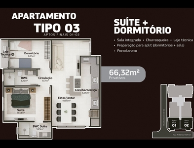 Apartamento no Bairro Água Verde em Blumenau com 2 Dormitórios (1 suíte) e 66.32 m²