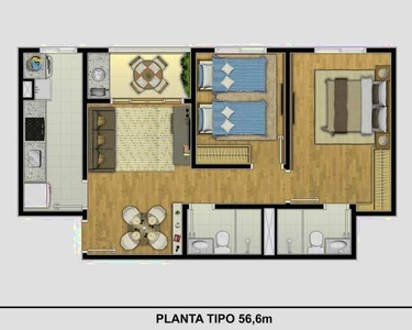 Apartamentos 56 metros² - 2 dormis - Suíte - 1 Vaga livre e coberta