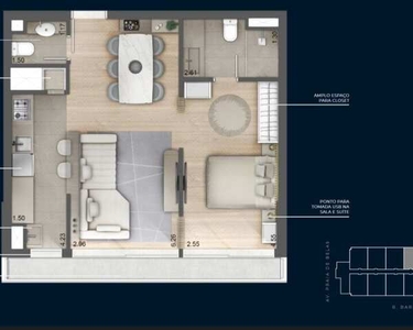 Apartamento Padrão, 1 dormitório, 2 banheiro, 1 vaga na garagem, 55M² de Área Construída