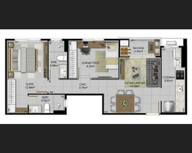 Apartamento Padrão, 2 dormitórios, 1 suítes, 2 banheiro, 2 vagas na garagem, 64M² de Área