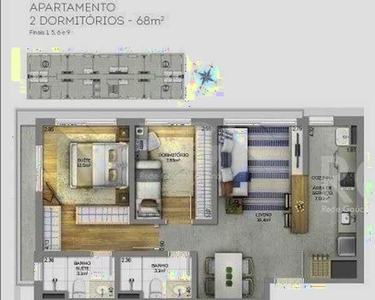 Apartamento de 68m², com 02 dormitórios sendo 01 suíte, amplo living, cozinha com churrasq