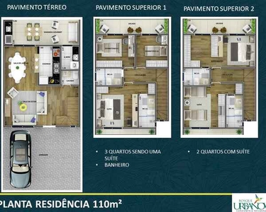 Casa com 2 andares - 3 quartos com suite ou 2 suítes - 110m² ou 134m² - Novo condomínio no