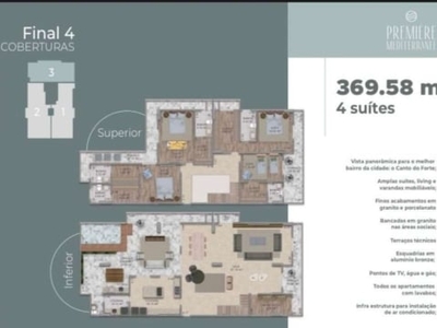 Cobertura duplex de 4 dorm c/ 4 suítes, 5 vagas, 369 m² de área útil. bairro: canto do forte.