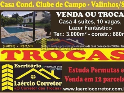 Casa Venda Clube de Campo Valinhos SP, Terreno 3.000m² de área e 687m² de Construção R$ 2.500.000,00