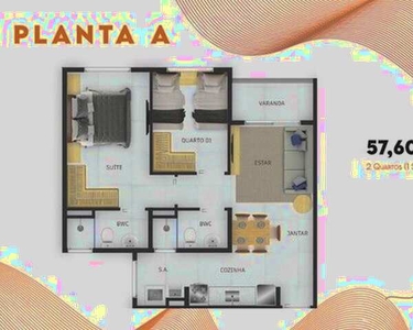 Apartamento -Lançamento 57 metros com 2 quartos 1 suite