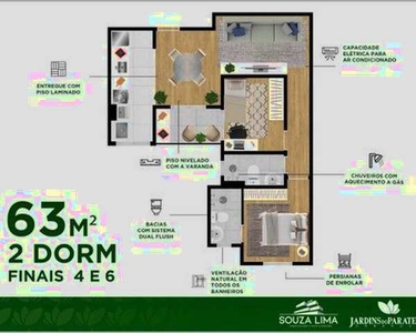 Apartamento na planta 63 metros 2 dormitórios 1 suite