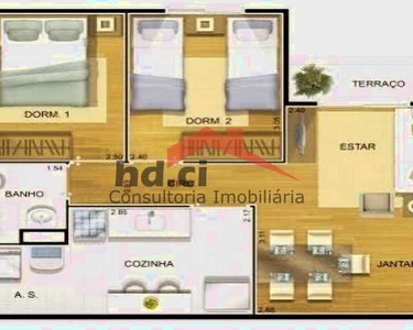 Lindo apartamento com 2 dormitórios, cozinha grande com móveis planejados e porta de vidro