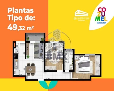 Ótimo Apartamento 49,32 m², COZUMEL Residencial, ES Construtora, 2 dorm, varanda, lazer, e