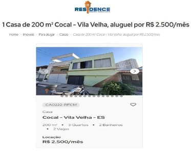 Residence Imobiliária Aluga - Casa em Cocal - VV/ES - 2.500/mês.