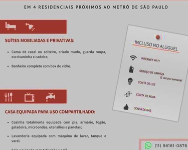 SUITES CAETANO - PRÓXIMO AO METRO, SEM FIADOR, CONTAS INCLUSAS+INTERNET+ LIMPEZA